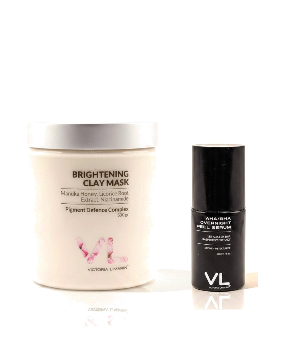 The 500 g Brightening Clay Mask jar beside the smaller 30 mL AHA/BHA Overnight Peel Serum bottle on a white background